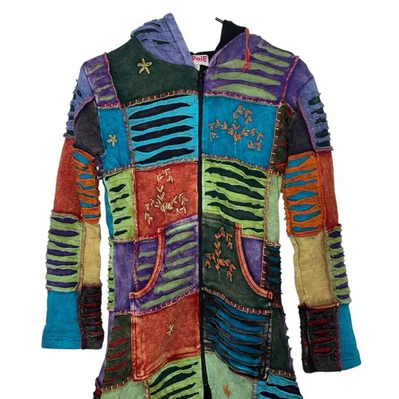 EzHippie Womens Size Small Patchwork Long Sweater Jacket Multi-Color Fully Lined - Picture 7 of 10